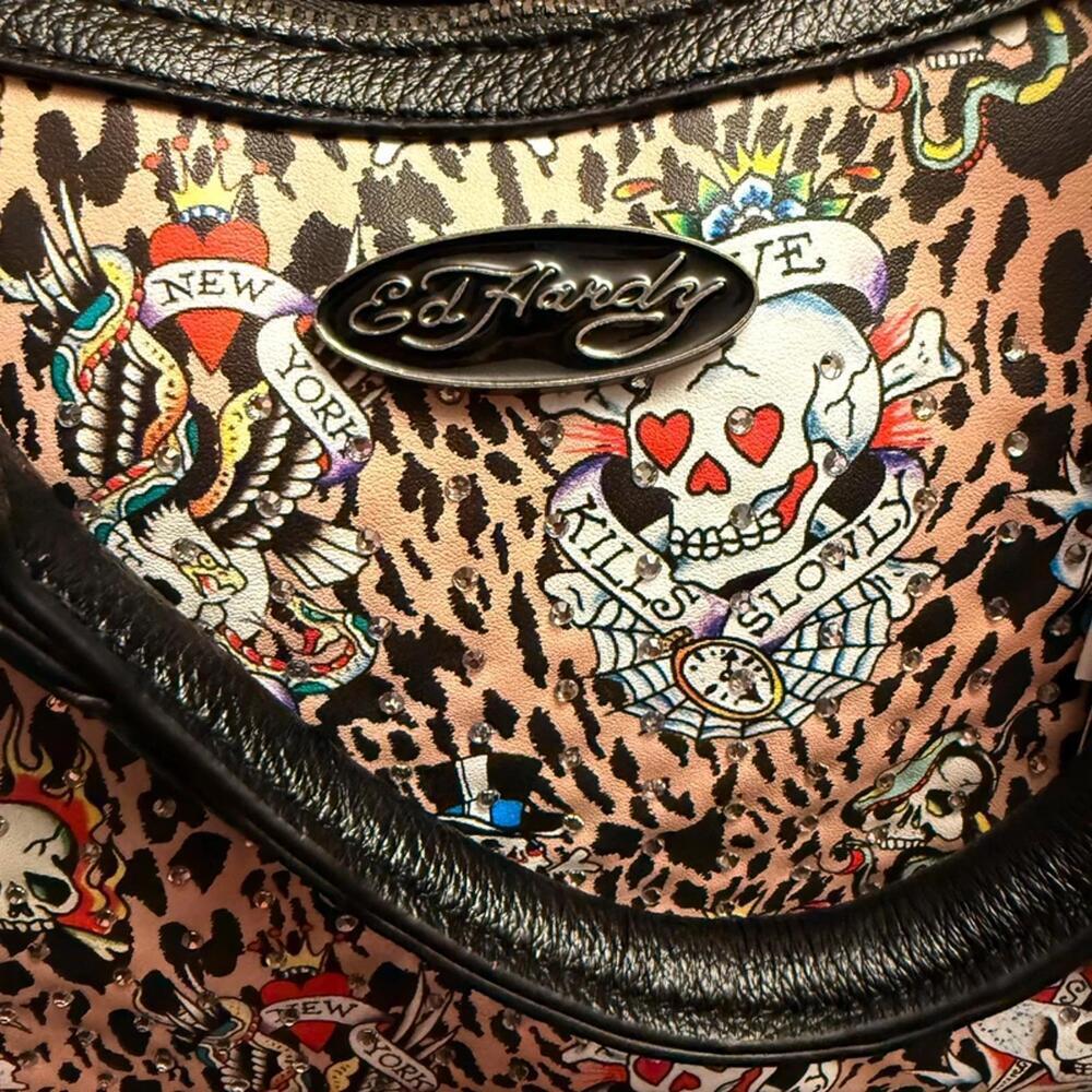 Ed Hardy Leopard Tattoo Skull Rhinestone Satchel Crossbody NWT - Picture 3 of 7